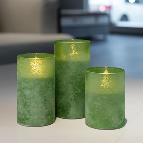 ANGELLOONG Glass LED Candles Flickering Flameless Battery Operated Candle with Remote Pillar Electric Timer Candles for Home Holiday Decor Sandblast Green