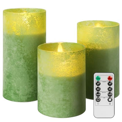 ANGELLOONG Glass LED Candles Flickering Flameless Battery Operated Candle with Remote Pillar Electric Timer Candles for Home Holiday Decor Sandblast Green