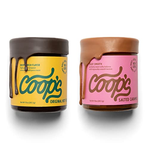 Coops Original Hot Fudge  Salted Caramel Sauce 2 Pack Gourmet All Natural Handcrafted Gluten Free NonGMO Chocolate Ice Cream Toppings Sundae Desserts 10 Ounce each