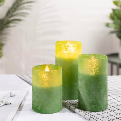 ANGELLOONG Glass LED Candles Flickering Flameless Battery Operated Candle with Remote Pillar Electric Timer Candles for Home Holiday Decor Sandblast Green