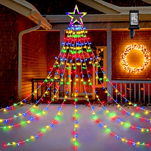 BlcTec Outdoor Christmas Decorations 317 LEDs Christmas Lights with 9 Strands 119ft Waterfall Christmas Tree Lights 8 Modes Waterproof Topper Star  Timer for Yard Patio Xmas Dcor Multicolor