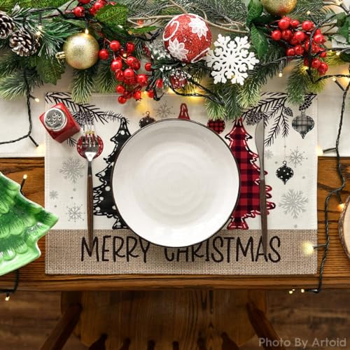 Artoid Mode Red Pine Trees Balls Merry Christmas Placemats Set of 4 12x18 Inch Winter Xmas Table Mats for Party Kitchen Dining Decoration