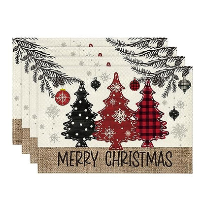 Artoid Mode Red Pine Trees Balls Merry Christmas Placemats Set of 4 12x18 Inch Winter Xmas Table Mats for Party Kitchen Dining Decoration