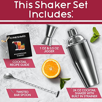 24oz Cocktail Shaker Set with Bar Accessories for Home Bar Shaker Set  Martini Shaker Jigger Drink Shaker Mixer Spoon  Alcohol Shaker Bartender Gift  Bartending Kit Essential for Home  Cresimo