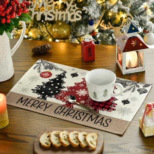 Artoid Mode Red Pine Trees Balls Merry Christmas Placemats Set of 4 12x18 Inch Winter Xmas Table Mats for Party Kitchen Dining Decoration