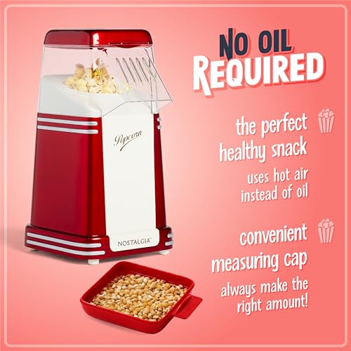 Nostalgia HotAir Electric Popcorn Maker 8 Cups Healthy Oil Free Popcorn with Measuring Scoop Retro Red